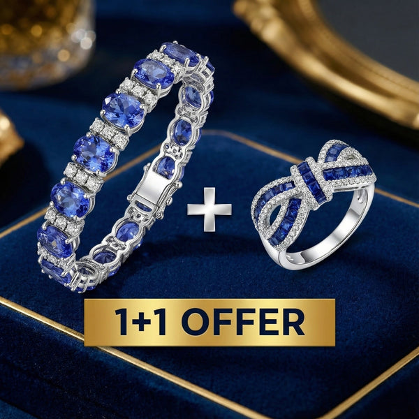 1+1 Offer: Oval & Round Cut Blue Tanzanite Bracelet + Knot Round Cut Blue Sapphire Wedding Band