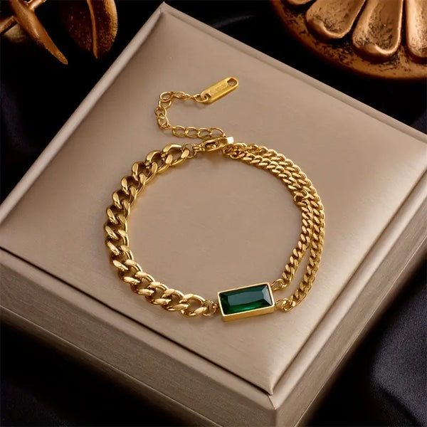 Gold Emerald Chain Bar Bracelet
