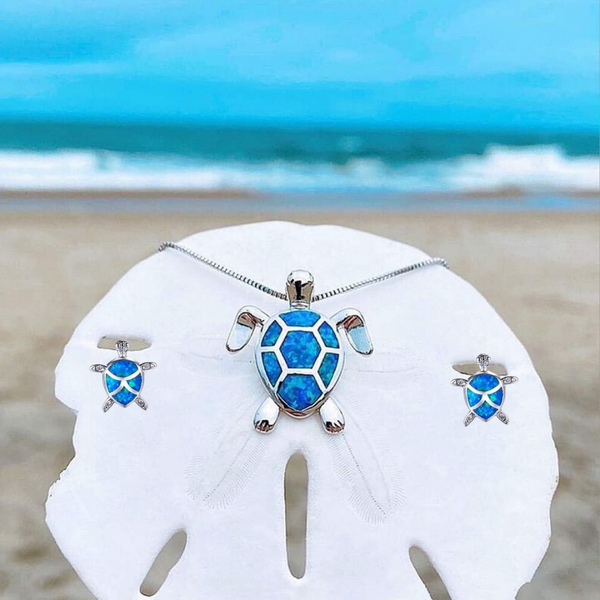 Opal and Silver Sea Turtle Jewelry Set: Necklace + Earrings