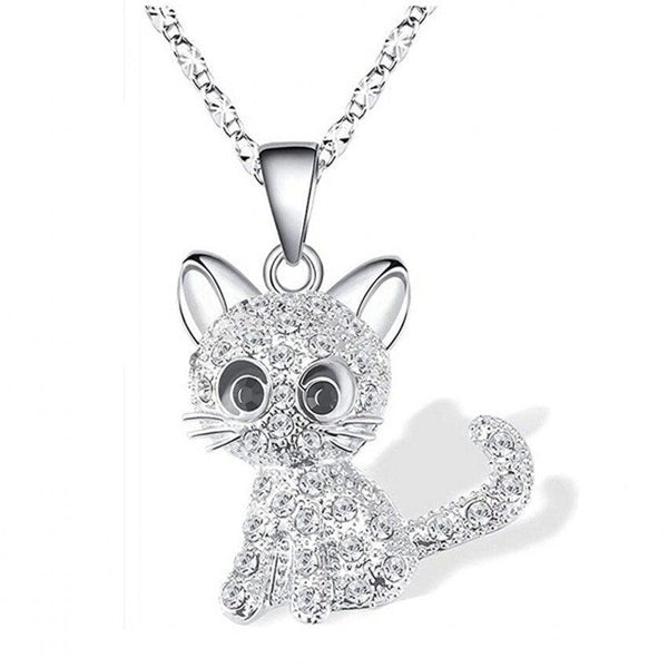 Silver Kitten Pendant with Colored Zirconia Necklace