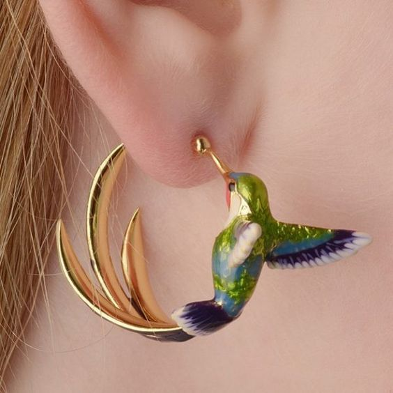 Vintage Enamel Hummingbird Circle Earrings