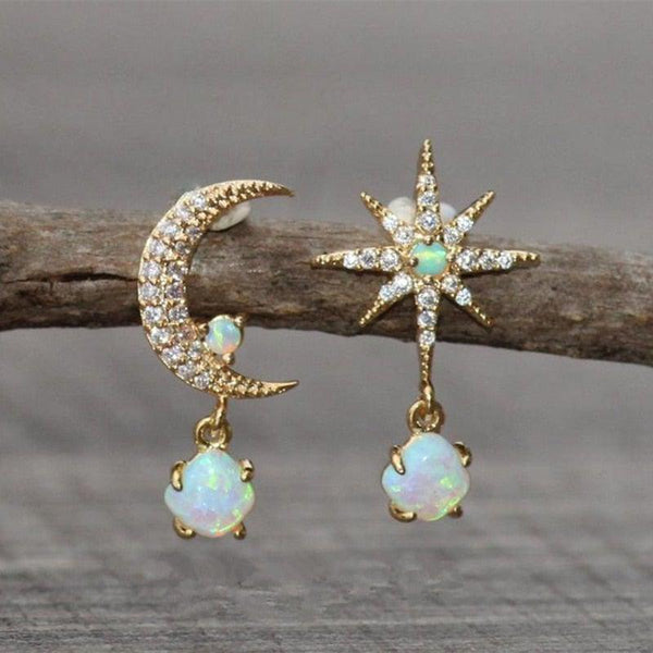 Offer: Gold and Opal Earrings with Moon and Star Design
