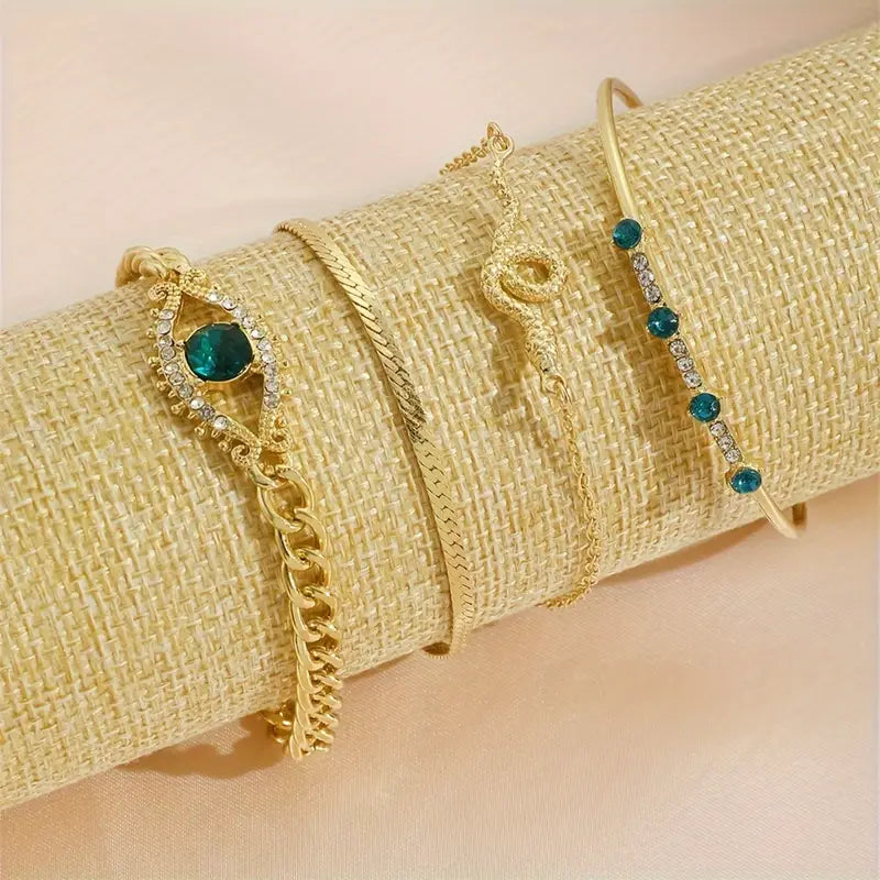 Gold Emerald Charm Bracelet Set